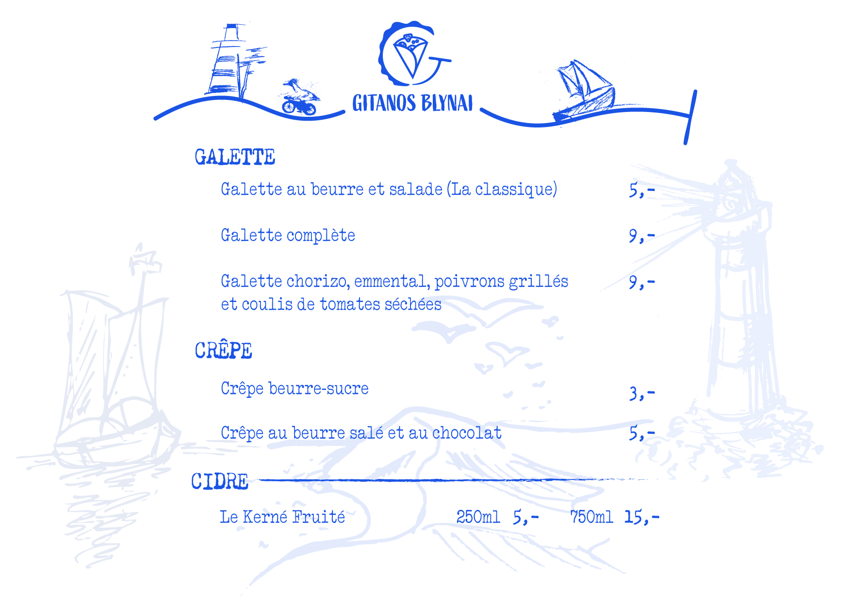 A crepe menu for Gitanos Blynai