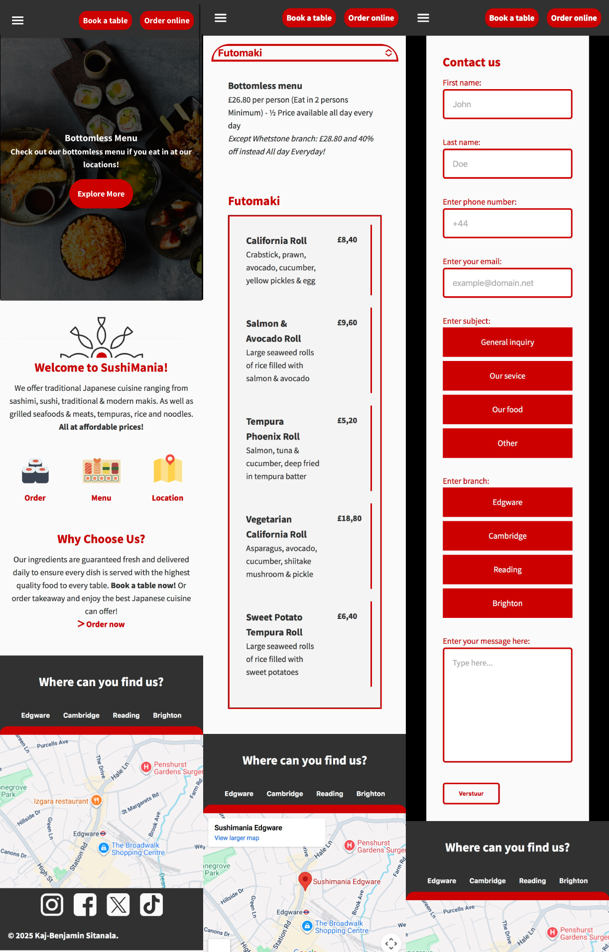 A screenshot of 3 different pages within a SushiMania website case.